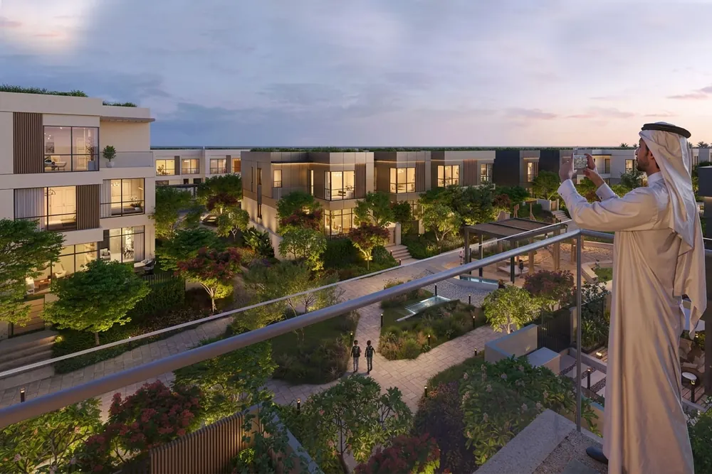 Landscaped walkways between townhouses